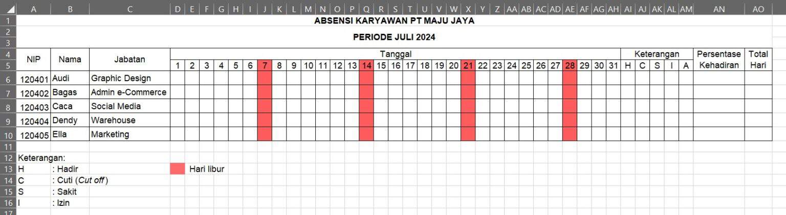 Contoh Absensi Karyawan Bulanan Excel dengan Template Gratis